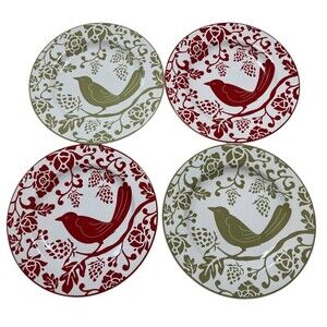 Set Of 4 Pier 1 Green & Red Bird Botanical 8.25” Salad/Dessert Plates